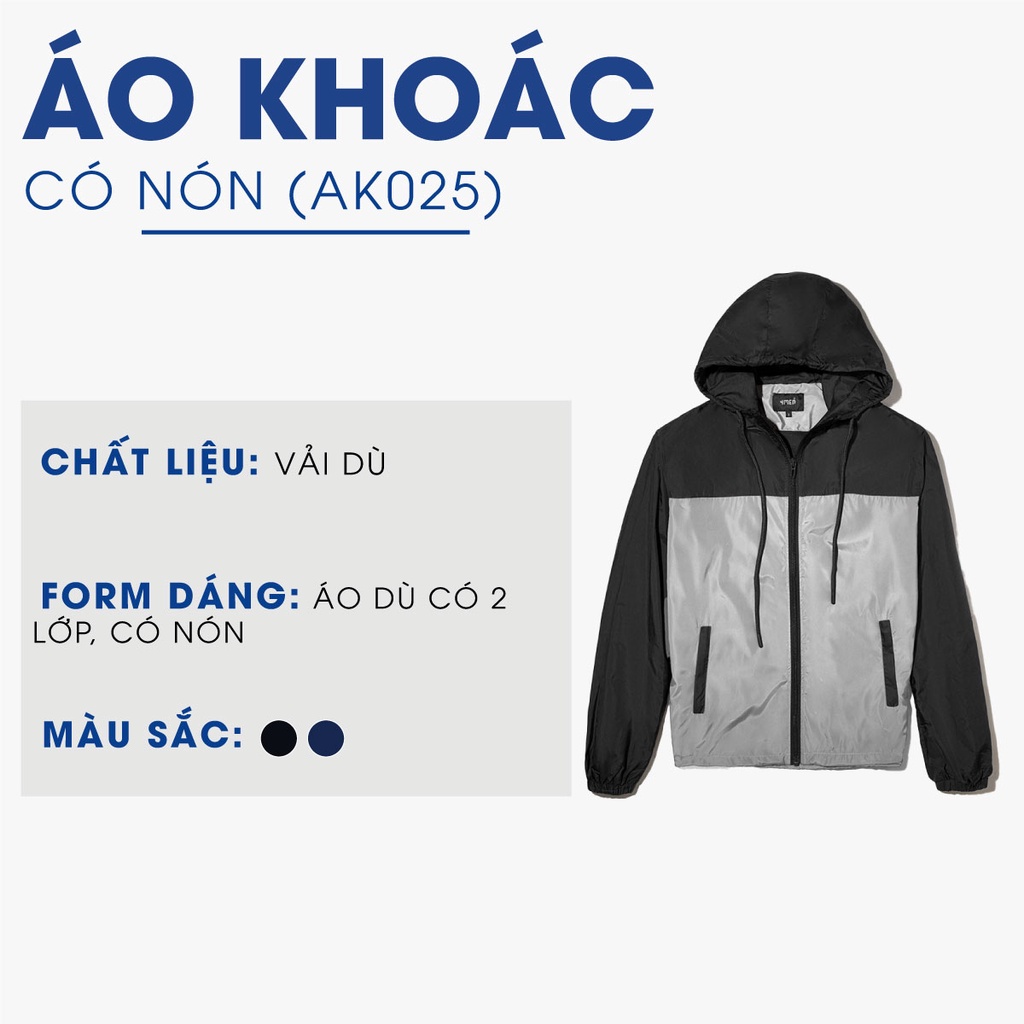 Áo khoác dù nam có nón 4MEN AK025 may 2 lớp dày dặn, chống nắng cản gió, phối 2 màu đẹp trẻ trung, khóa kéo, có dây rút