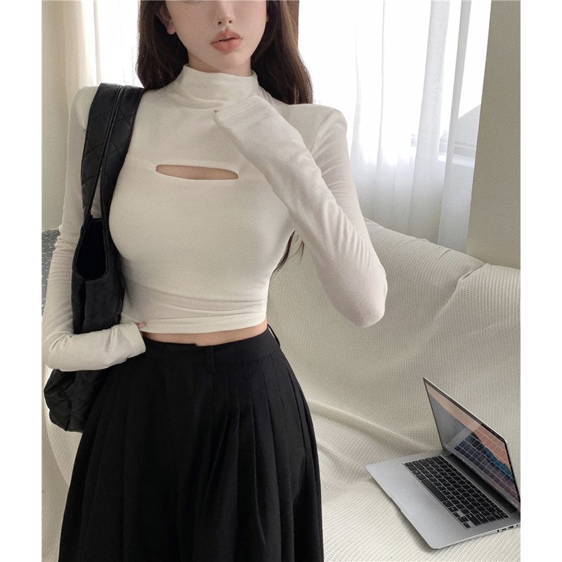 COZOK Áo Thun Lửng Tay Dài Cổ Cao Thời Trang Dành Cho Nữ