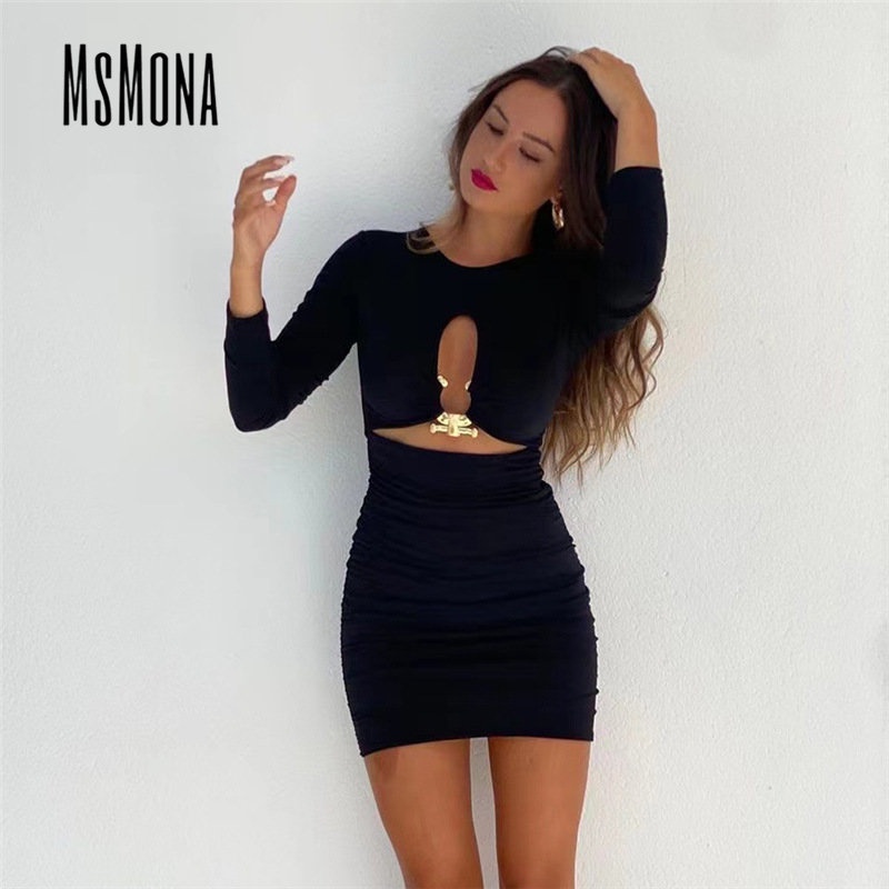MsMona Đầm Mini Tay Dài Cổ Tròn Màu Đen Trơn Thời Trang 2022 Quyến Rũ Cho Nữ