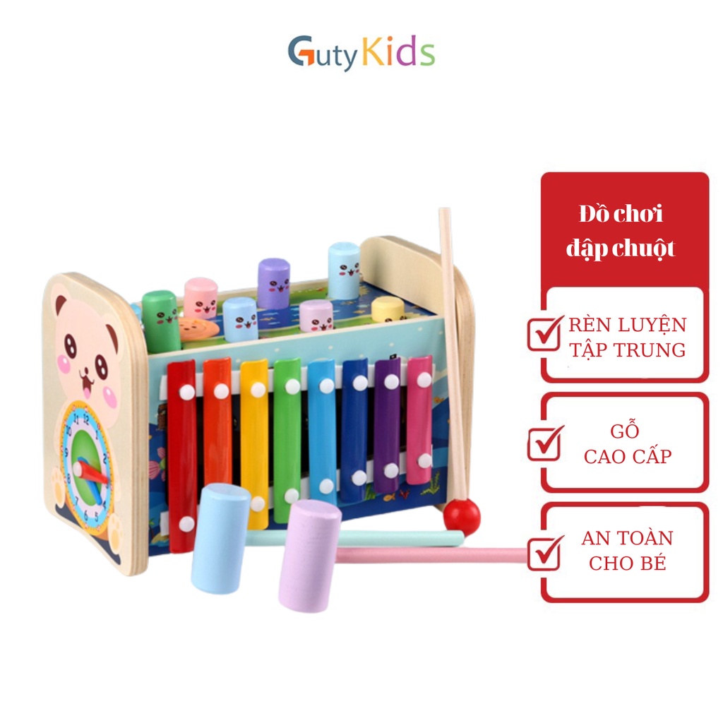 Đồ Chơi Đập Chuột, Đàn gỗ Xylophone 8 thanh, Đồng hồ giúp bé học phút, giờ, Trò chơi bánh răng quay 4IN1 - Gutykids