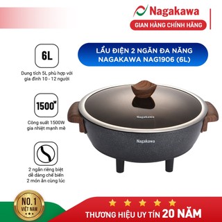 Lẩu điện 2 ngăn đa năng Nagakawa NAG1906 (6L) - Lòng nồi nguyên khối - Chống dịnh vân đá - Bảo hành 12 tháng