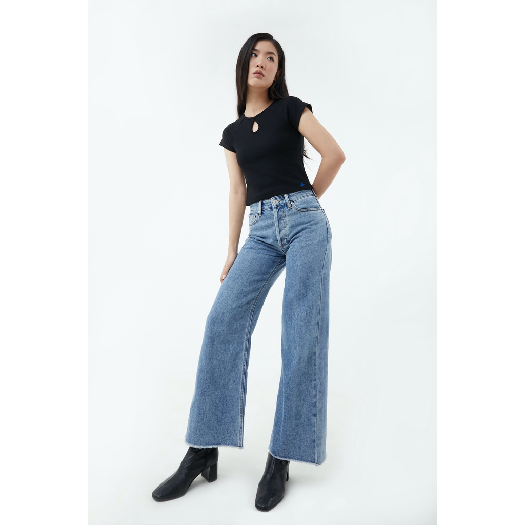 TheBlueTshirt - Quần Jeans Nữ Ống Loe Màu Xanh Đậm - City Wide Leg Jeans - Vintage Wash