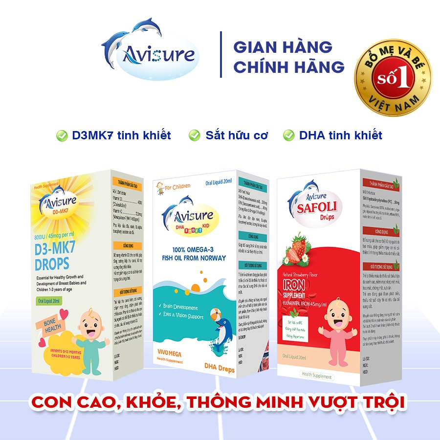 Tích điểm - Bộ ba Avisure D3MK7, DHA, Safoli Drop bổ sung D3, DHA, Sắt tinh khiết, tự nhiên cho bé