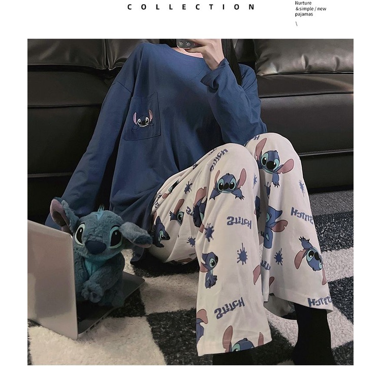 Bộ Đồ Ngủ In Hoạt Hình Stitch Phong Cách Nhật Bản Dễ Thương Thời Trang Xuân Thu Cho Nữ