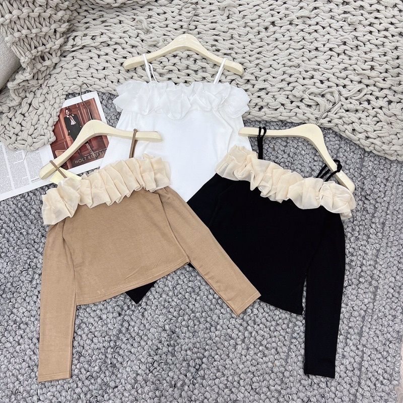 Áo kiểu tay dài trễ vai phối lưới thời trang cho nữ