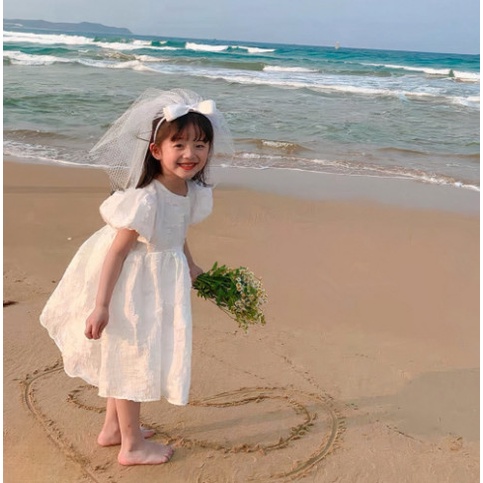 Bapbi.storeVáy Gấm Trắng Tay Bèo Phồng Công Chúa Cho Bé Gái Siêu Xinh