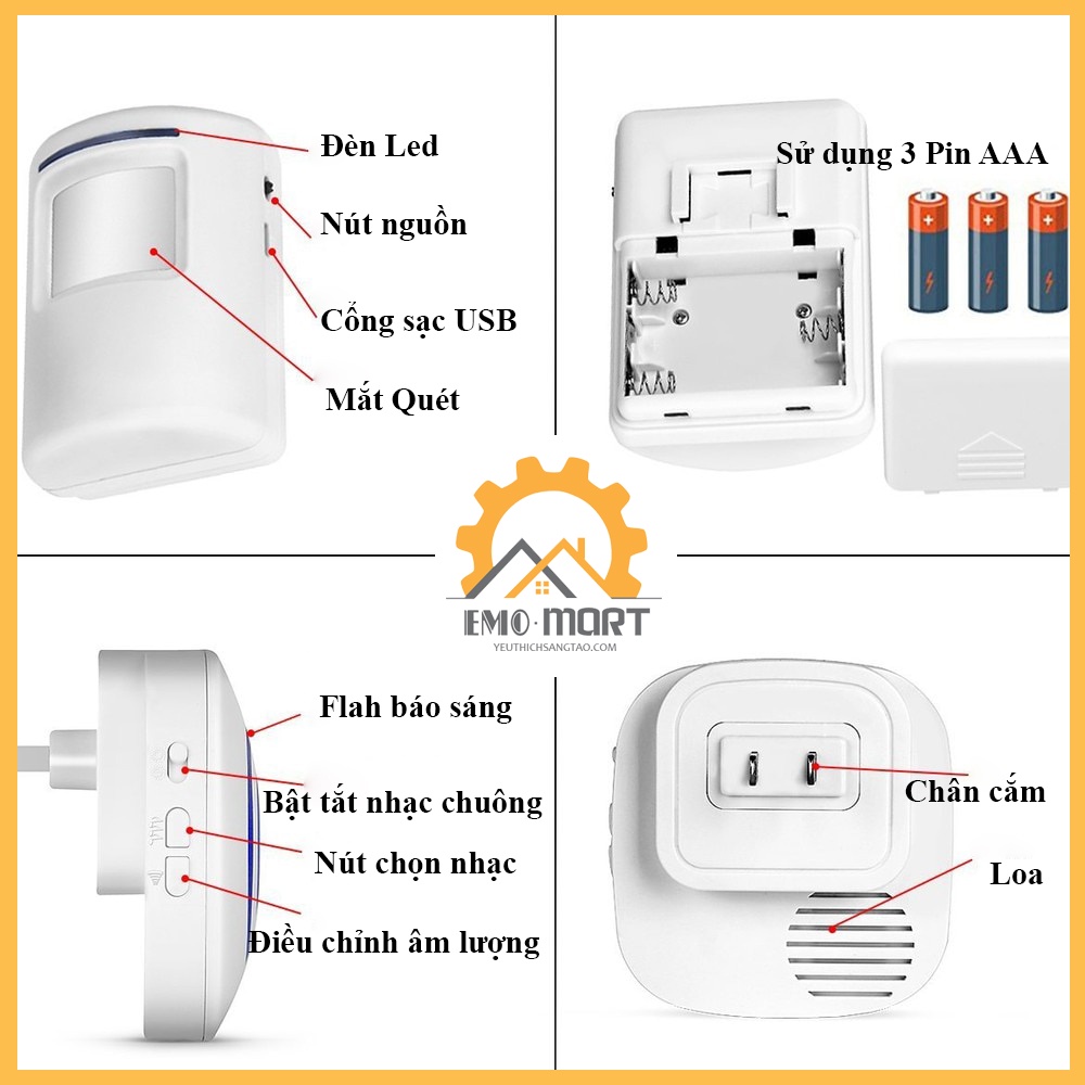⚡️𝗕𝗛 𝟭𝟮 𝗧𝗛𝗔́𝗡𝗚⚡️ Chuông Báo Khách YF0256 ⚡️ Tặng kèm 3 pin AAA - Kết nối không dây - Với 38 kiểu nhạc chuông mới mẻ