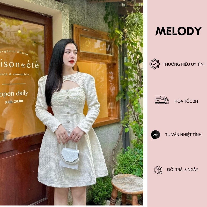 Váy Đầm Dạ Tweed Pha Ren Khoét Ngực Dáng Xòe 2 Màu Trắng, Đen Sang Chảnh Hot 2022