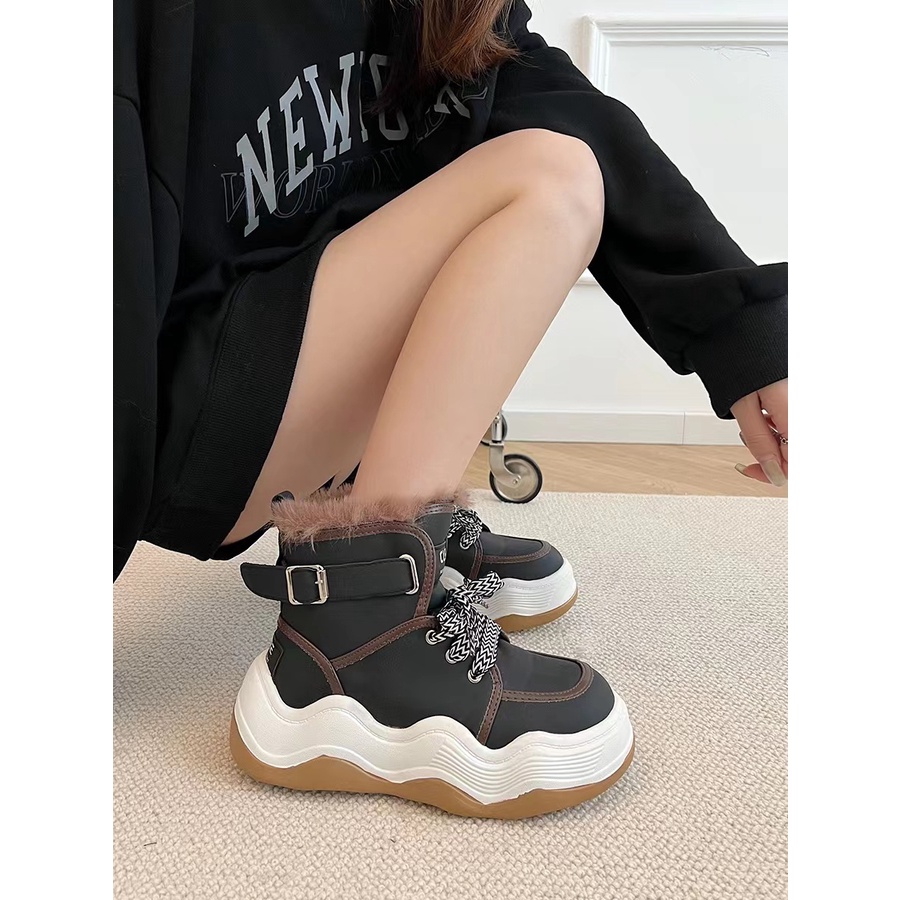 Giày Bốt Đi Tuyết Da Lót Lông Cừu Dày 5CM Cột Dây Màu Trắng / Đen Ấm Áp Thời Trang Mùa Đông 2022