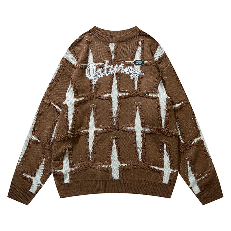 Áo Sweater Dệt Kim Cổ Tròn Thêu Chữ Và Ngôi Sao Kiểu Retro Mỹ Thời Trang Thu Đông Cho Nam Và Nữ