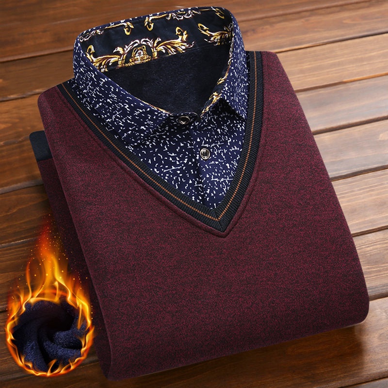 Áo Sweater Giả Hai Lớp Lót Lông Cừu Dày Dặn Phong Cách Mới Mùa Đông Cho Nam Trung Niên