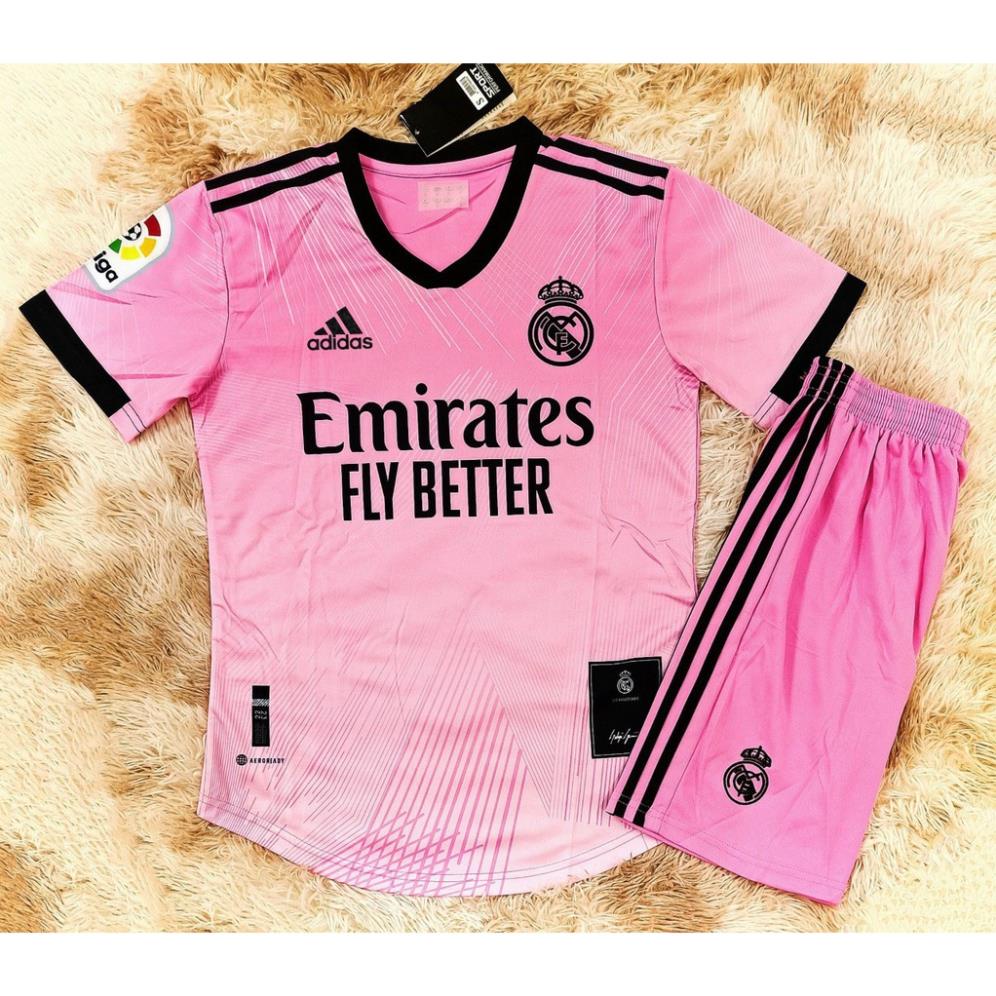 Bộ quần áo bóng đá adidas áo đá banh clb Real Madrid màu hồng hường logo mfc thêu mè kim thái cao cấp !