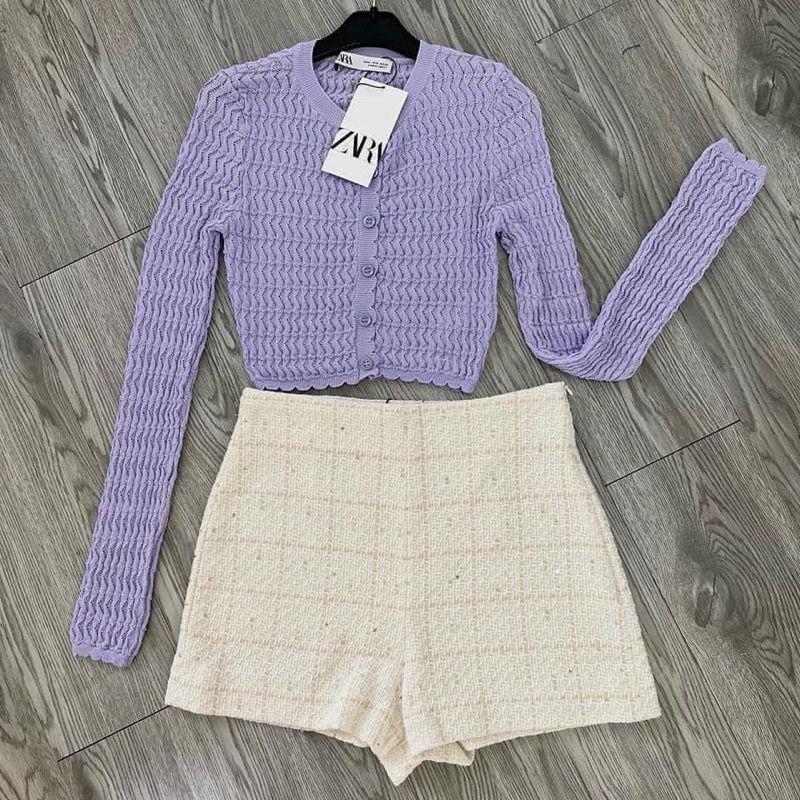 Áo cardigan dệt kim tím dáng croptop