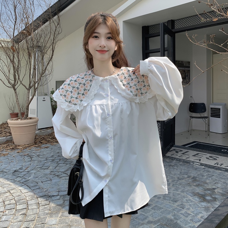 Áo sơ mi SUXI dài tay cổ búp bê họa tiết hoa dễ thương phong cách Hàn Quốc thời trang mùa thu dành cho nữ