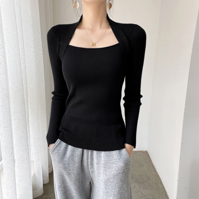 Áo Dệt Kim Tay Dài Cổ Vuông Quyến Rũ Thời Trang Hàn Quốc Cho Nữ