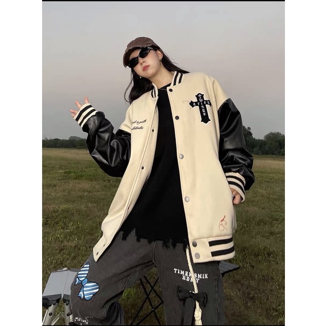 Áo Bomber, Áo Khoác Nỉ Dạ Tay Da Thêu Hình Thập Giá Sau Lưng