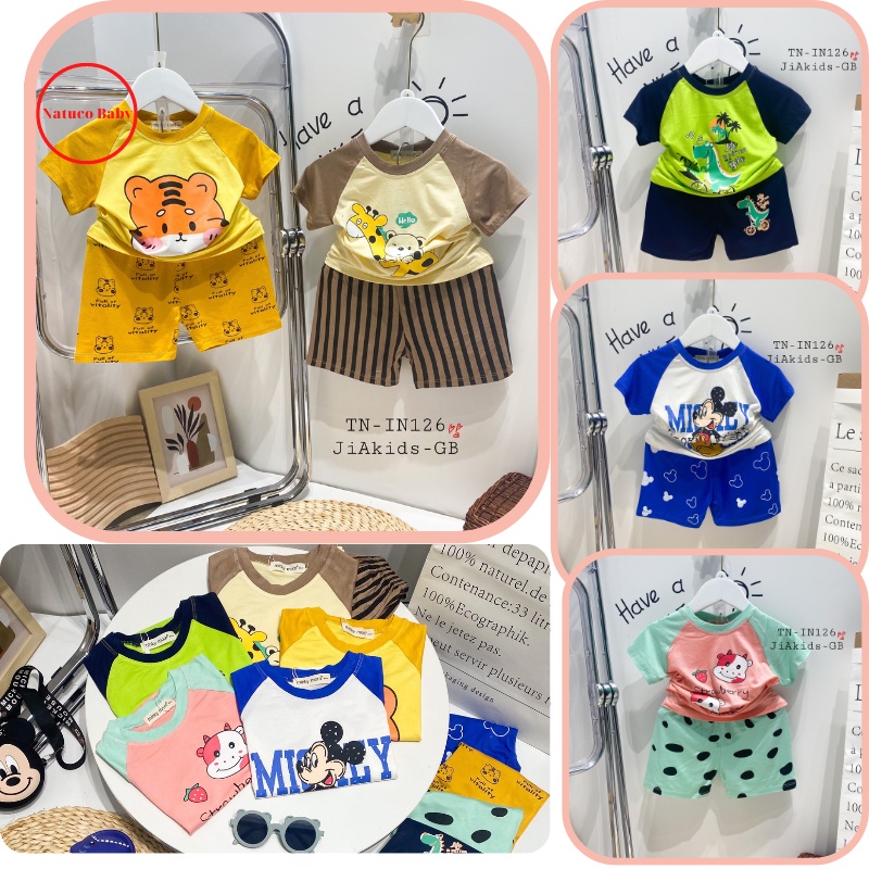 [Bé 8-27kg] Bộ Cộc Tay Minky Mom Vải Thun Lạnh Thiết Kế Raglan In Hình Động Vật Cho Bé Trai, Bé Gái Từ 0-6 Tuổi-TN-IN126