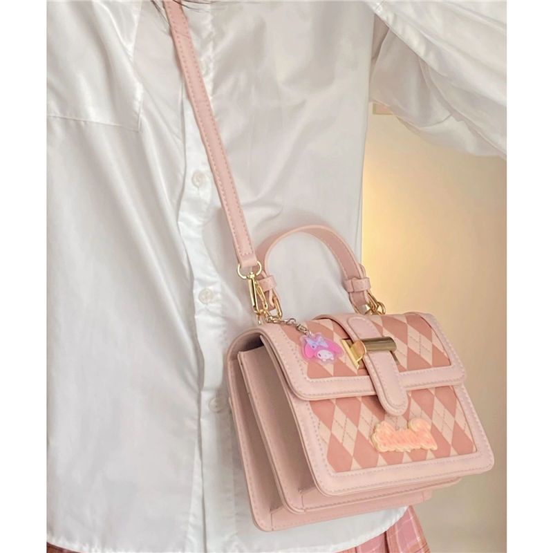 Túi Đeo Chéo Nhỏ Hình Vuông Họa Tiết Kim Cương Màu Sắc Tương Phản Chất Lượng Cao Cho Nữ