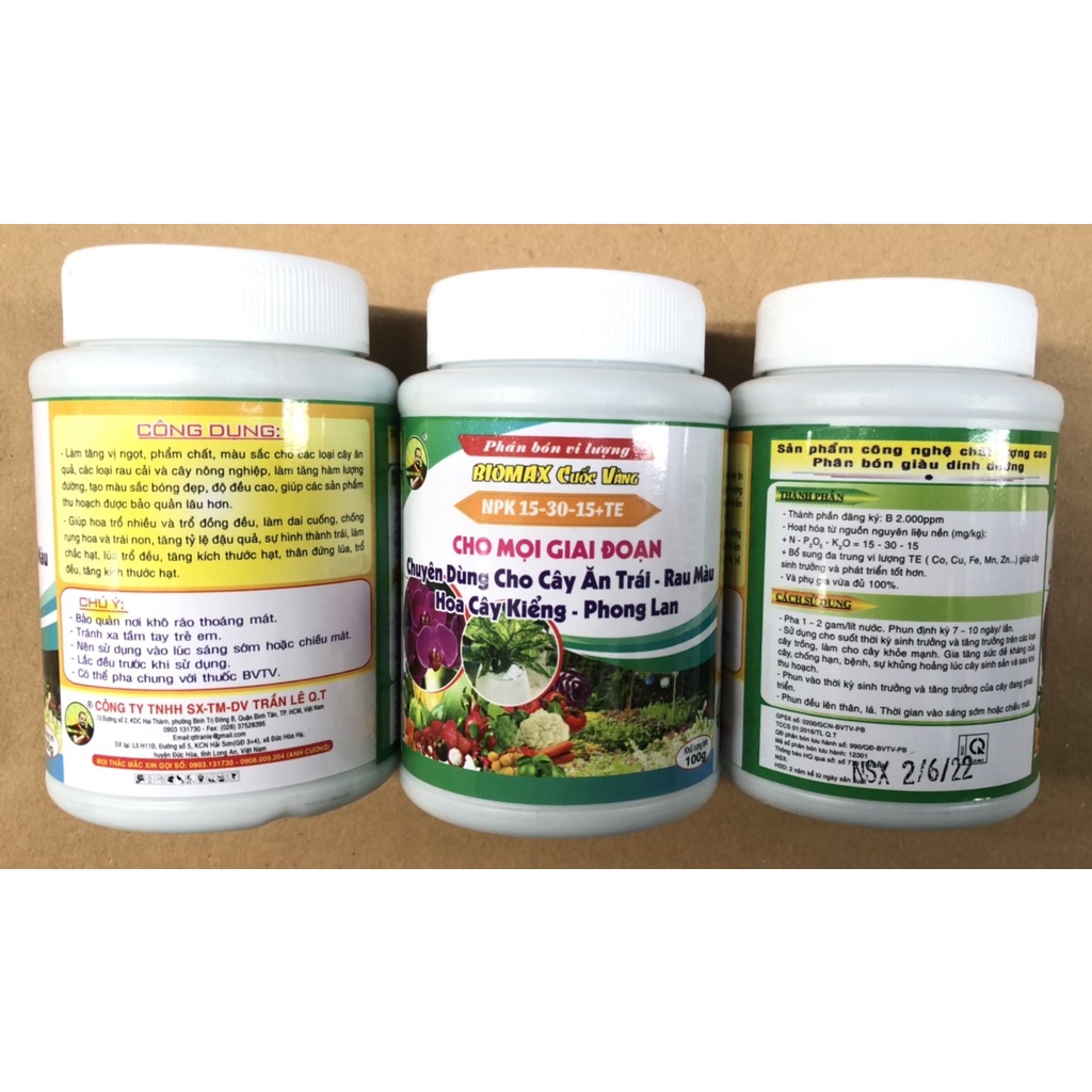 Phân bón vi lượng NPK 15-30-15 + TE cho mọi giai đoạn của cây trồng, rau kiểng - chai 100 gram Biomax