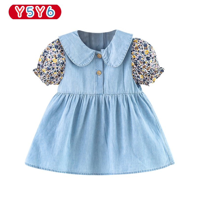 Y5Y6 Đầm Denim Tay Ngắn Cổ Búp Bê Họa Tiết Hoa Thời Trang Mùa Hè Xinh Xắn Cho Bé Gái 0-3 Tuổi