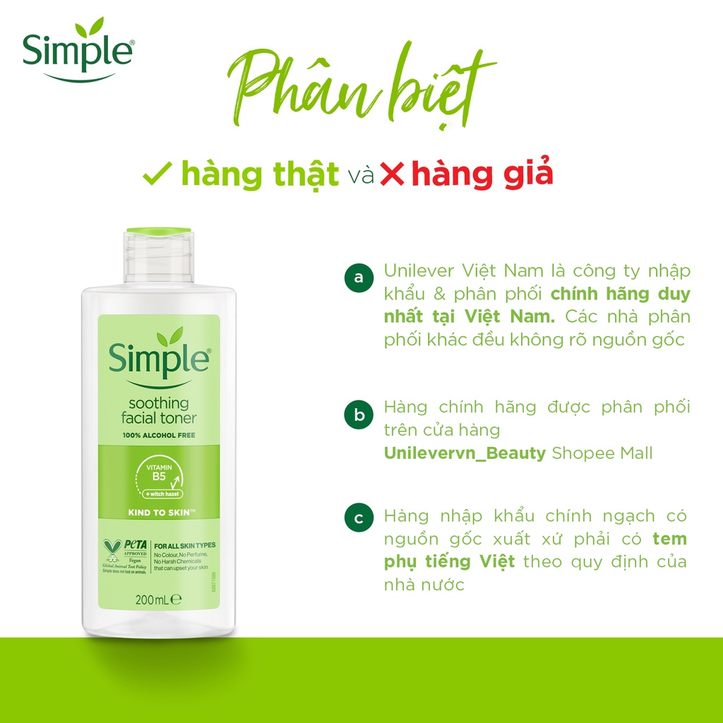 Nước hoa hồng Simple Toner làm dịu và cân bằng độ ẩm cho da - lành tính 200ml