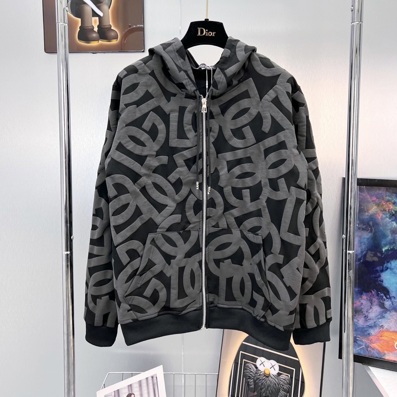 Áo khoác hoodie zip Dolce nam nữ dập nổi chữ DG monogram quanh áo chất nỉ cotton bo ống chun 2 lớp