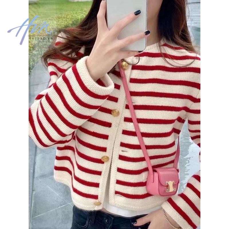 Áo Khoác Cardigan Dệt Kim Dáng Rộng Cổ Tròn Kẻ Sọc Màu Tương Phản Kiểu Pháp Thời Trang Mùa Thu Cho Nữ