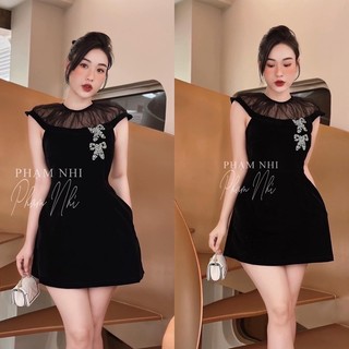 Váy nhung phối ren nơ đá có túi sườn kèm ảnh thật