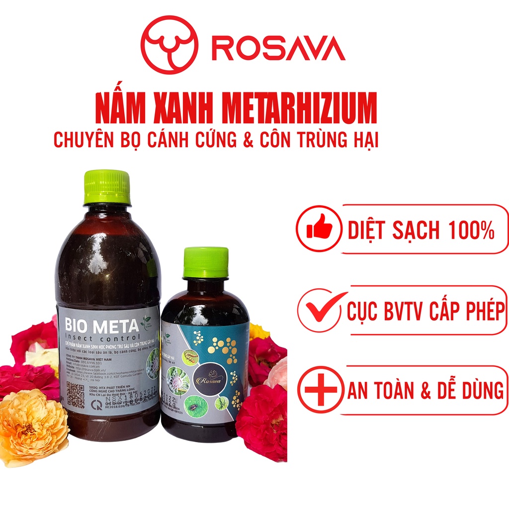 Chế phẩm sinh học nấm xanh Metarhizium sạch sùng đất, bọ xít, bọ cánh cứng, rầy rệp cho hoa hồng, lan, sen đá ROSAVA