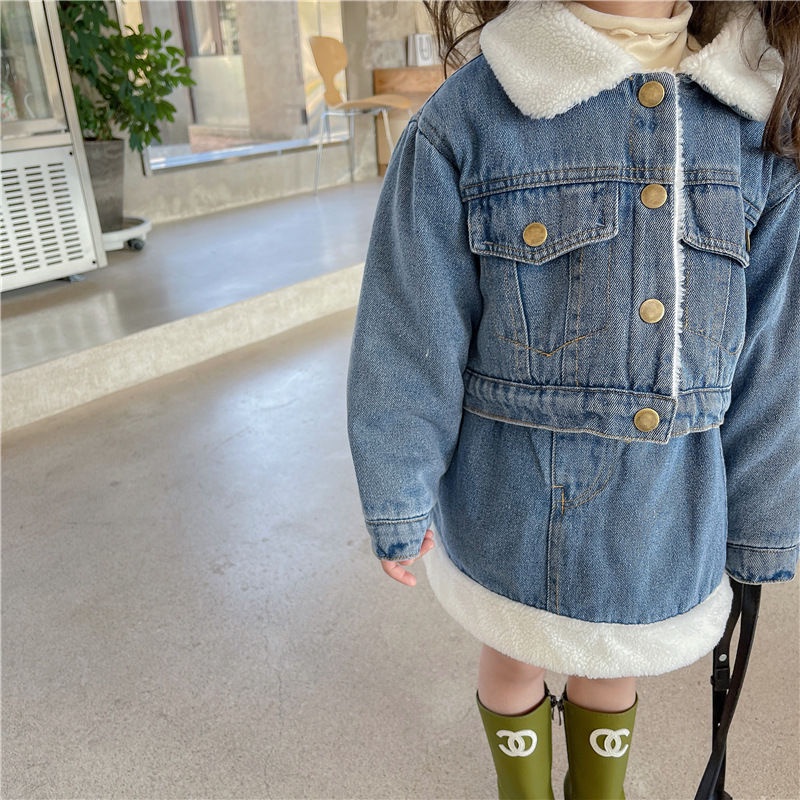 Áo Khoác Denim Lót Lông Cừu Dày Dặn Giữ Ấm Phong Cách Hàn Quốc Thời Trang Mùa Đông Cho Bé Gái