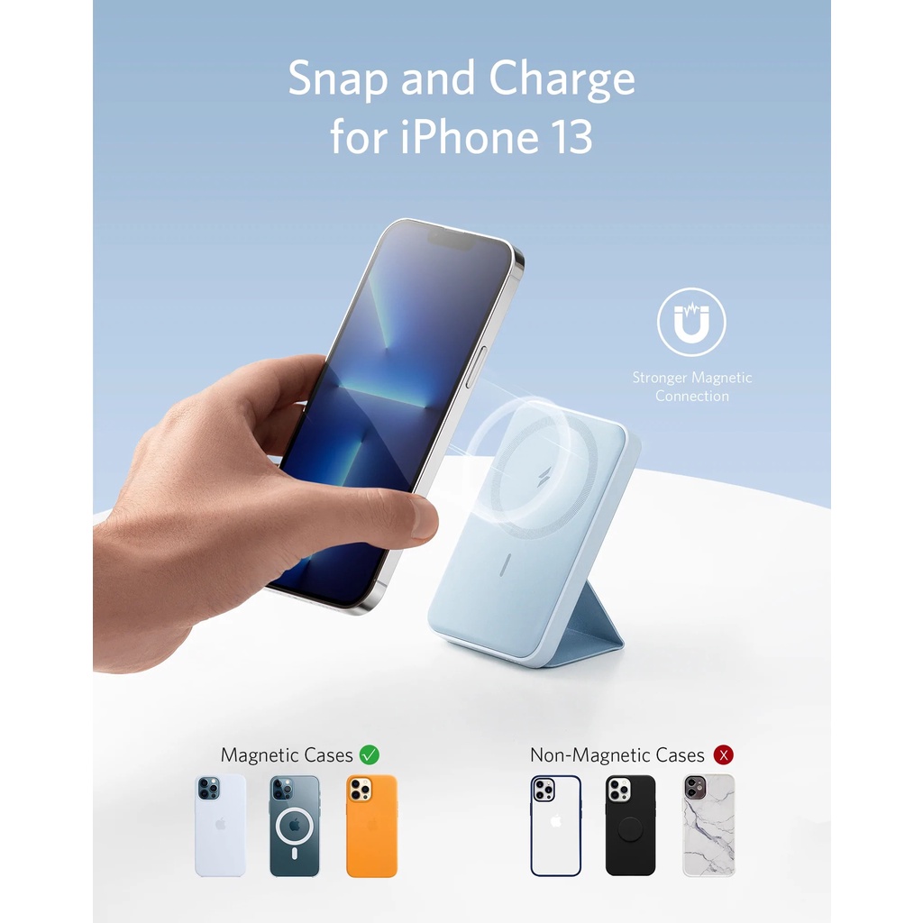 Sạc Dự Phòng Anker MagGo 622 màu tím cho điện thoại iP 12 13 Hít Từ Tính 5000mAh