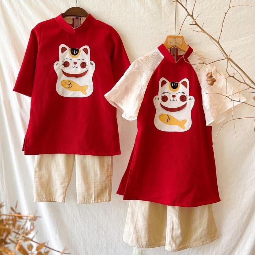 Bộ áo dài đôi cách tân mèo thần tài cho bé trai bé gái 10-20kg