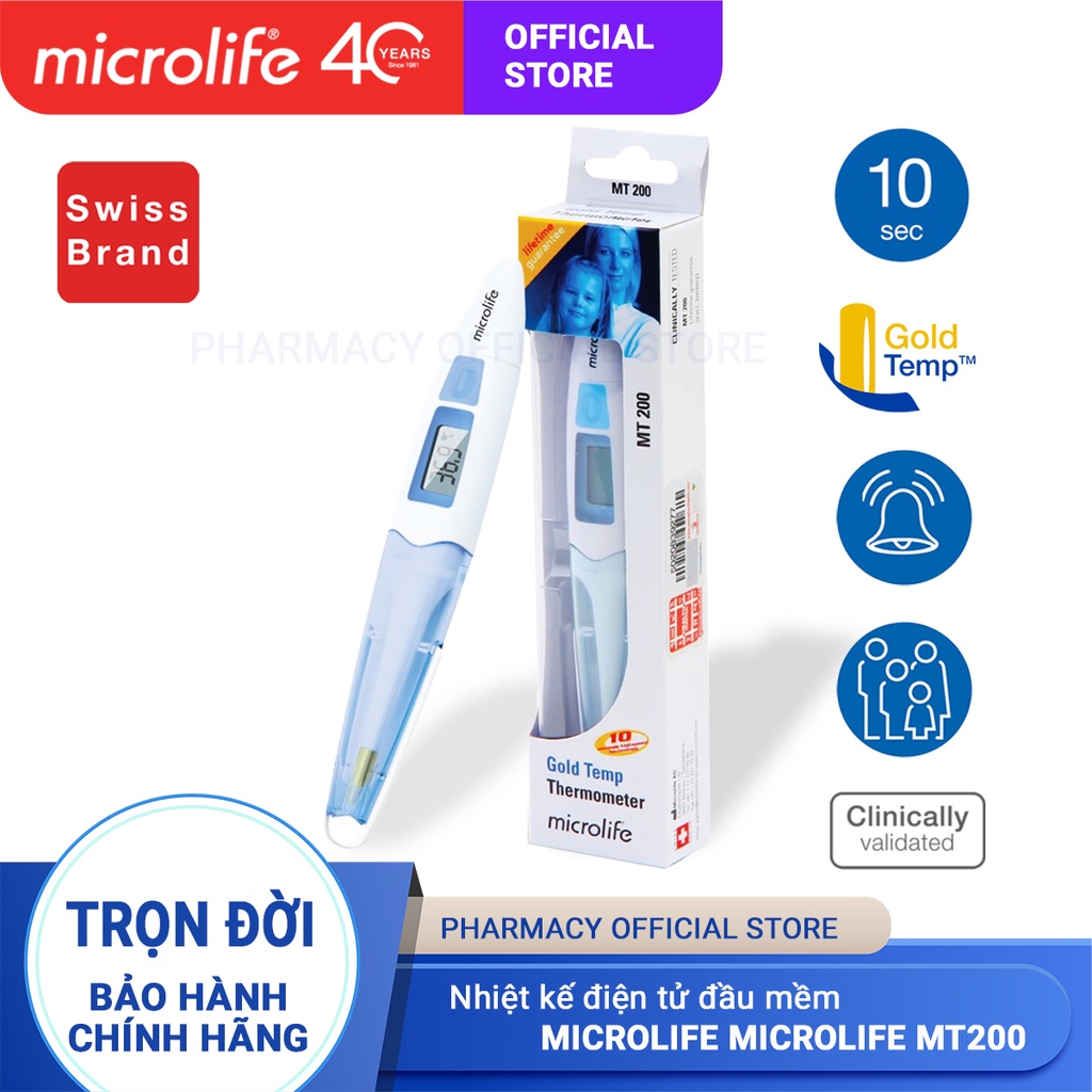 [Đo nhanh, 10 giây cho kết quả] Nhiệt kế điện tử Microlife MT200 - đầu mềm mạ vàng , chống kích ứng da