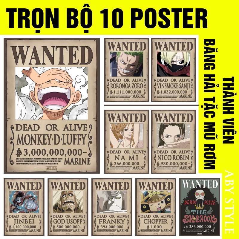 Bộ 10 Poster One Piece A4, Lệnh Truy Nã Băng Mũ Rơm, Đảo Hải Tặc, Anime,