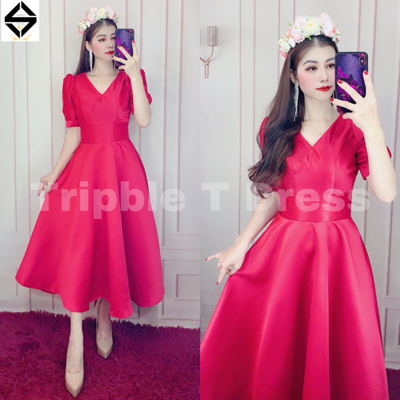 Đầm xoè cưới đi bàn nhẹ nhàng TRIPBLE T DRESS bo eo tay phồng nơ lưng - size S/M/L -MS103Y