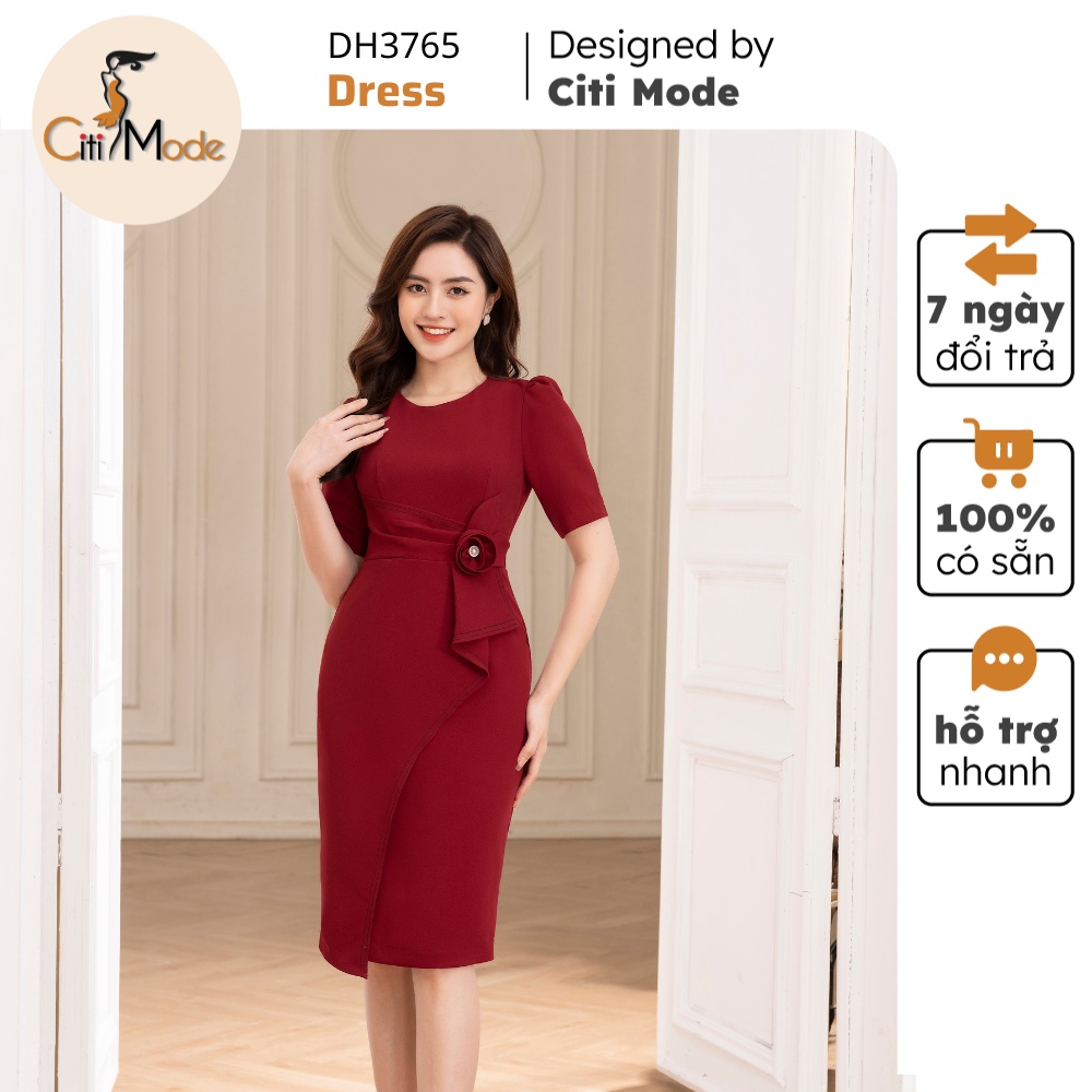 Đầm công sở CITI MODE FASHION thiết kế dáng ôm đỏ đính hoa eo DH3765