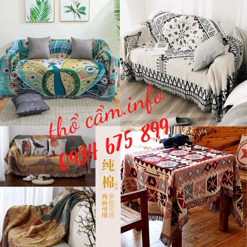 Thảm sofa, khăn trải bàn vintage, thảm sàn kích thước 2.3m x 1.8m và 1.3m x 1.8m.