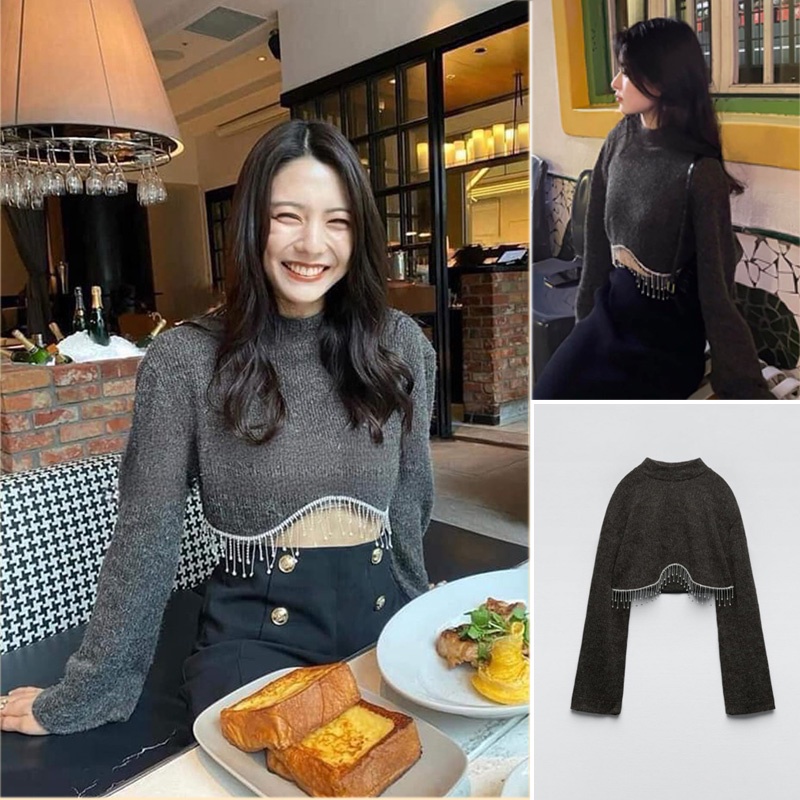 ÁO LEN NỮ VẢI MỀM PHỐI TUA RUA DÁNG CROP NGẮN MÀU XÁM ĐẬM - 7901/836