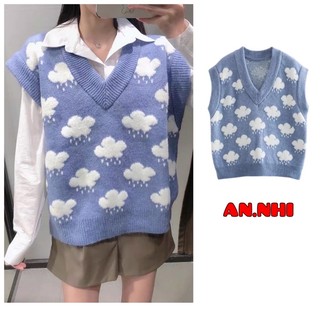 Áo gile len nữ màu xanh hoạ tiết đám mây mẫu mới hot hit 2022
