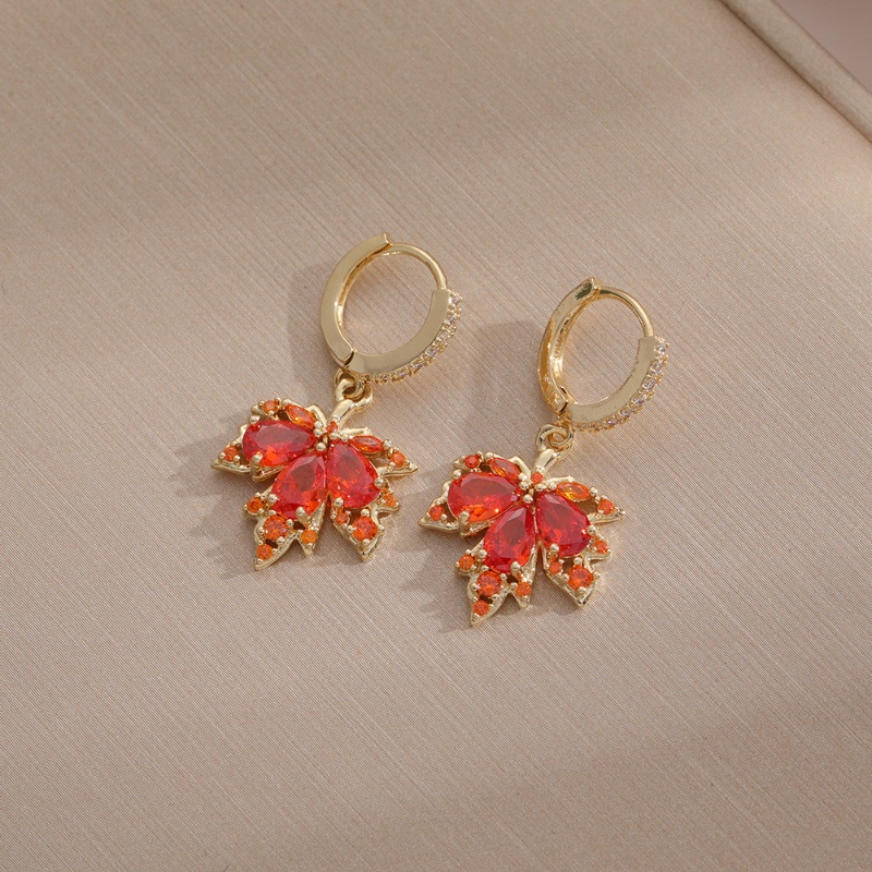 Bông Tai Tiktosonic Boom Zircon Lá Phong Đỏ Phong Cách Sang Trọng Thanh Lịch Dành Cho Nữ