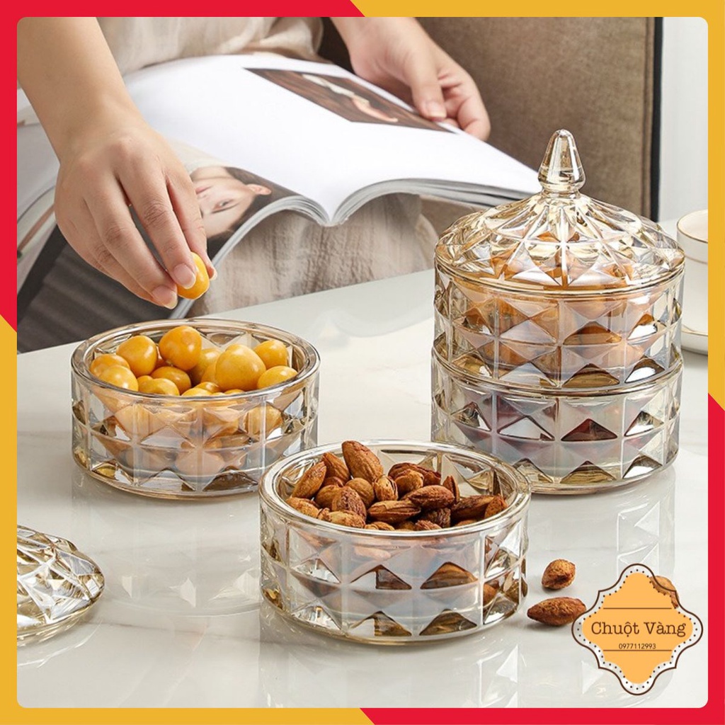 Khay mứt thủy tinh ,Thố thủy tinh pha lê nhiều tầng đựng mứt, kẹo, hạt dưa, lọ thủy tinh đựng hạt khô sang trọng