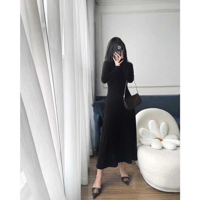 [SẴN HÀNG VNXK] Váy maxi cổ tròn tay dài dáng xoè thun zip hàn
