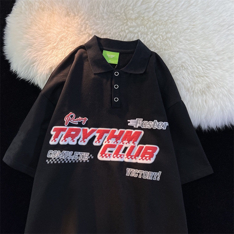 Áo Thun polo Ngắn Tay Form Rộng Phong Cách Đường Phố Hip Hop Mỹ Cá Tính Dành Cho Nam Nữ