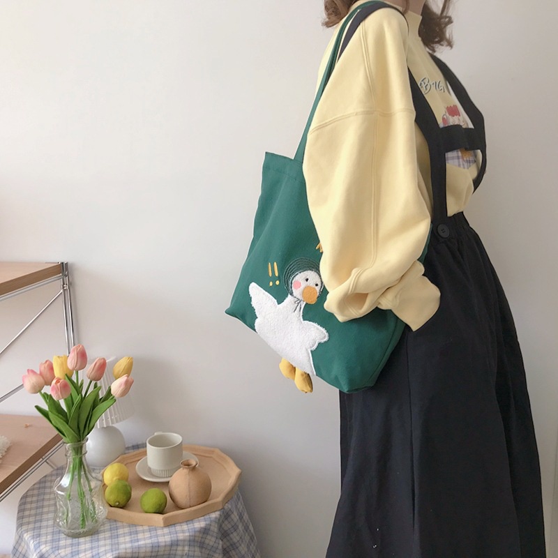 Túi tote lớn đeo vai vải canvas in hình vịt cute đáng yêu HSU