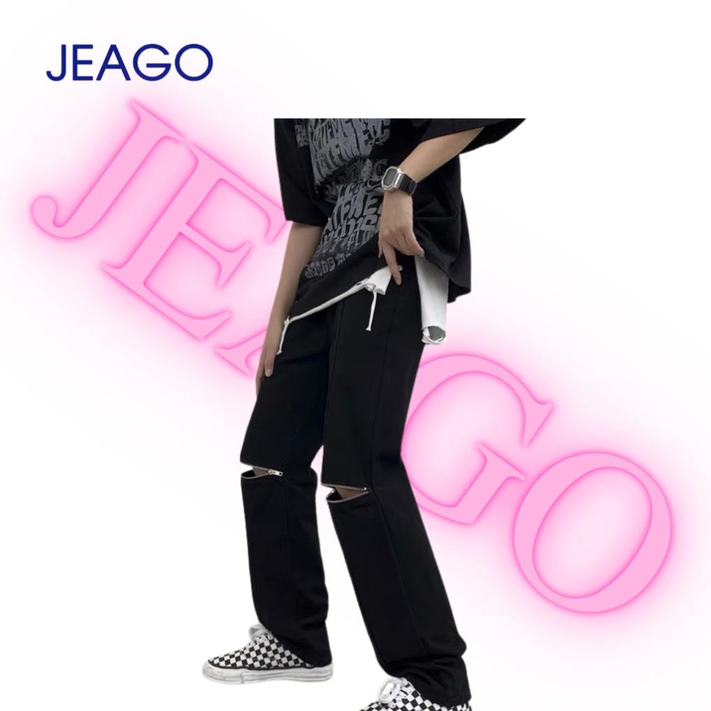 Quần Jeans Có Ba Màu Đen Xanh Jeans Trắng Rách Dây Kéo Rách Gối Dành Cho Nam Nữ JEAGOVN