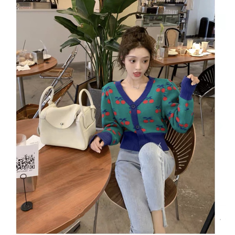 Áo cardigan dệt kim ZHELIHANGFEI tay dài cổ V eo cao ngọt ngào quyến rũ