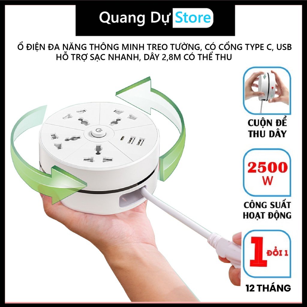 Ổ cắm điện đa năng rút gọn thông minh, có cổng USB, TYPE C,tròn, dây dài 2m, An toàn, chống cháy nổ Quang Dự Store