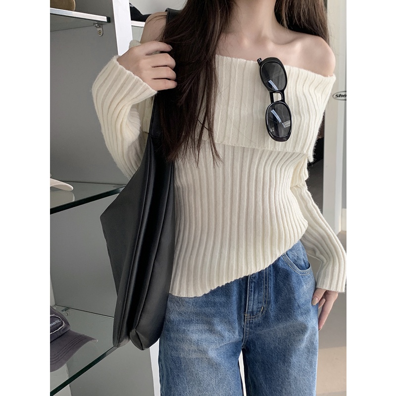 Set Áo sweater Dệt Kim Cổ Suông + Quần Jean Ống Rộng Đa Năng Thời Trang Cho Nữ