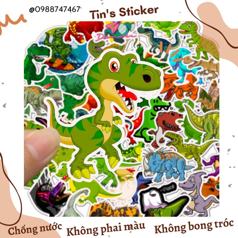 Set combo 50 miếng dán sticker KHỦNG LONG chống thấm nước dán nón mũ bảo hiểm sổ sách đàn guitar xe máy vali