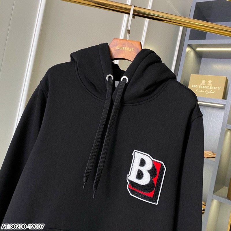 Áo hoodie nam nữ Burberry thêu logo chữ B lông trắng đỏ ngực chất nỉ bông dày dặn
